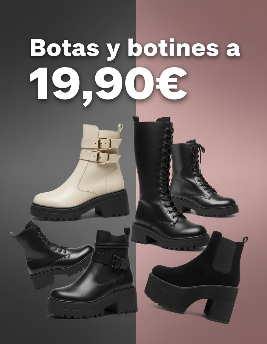 necesito una imagen cuadrada para ponerla en una columna de multicolumna. que ponga "Botas y botines a 19,90€" y puedes coger las botas y botines que tengo puestos en la web?
